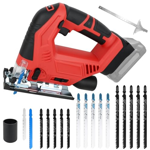 20V Cordless Jigsaw Tool, Electric Jigsaw Compatible with Milwaukee Battery | 300W Jig Saw, 0-2700 RPM & 0-45° Bevel & 4 Orbital Settings, with 15 Blades Set for Wood Metal Plastic, Without Battery