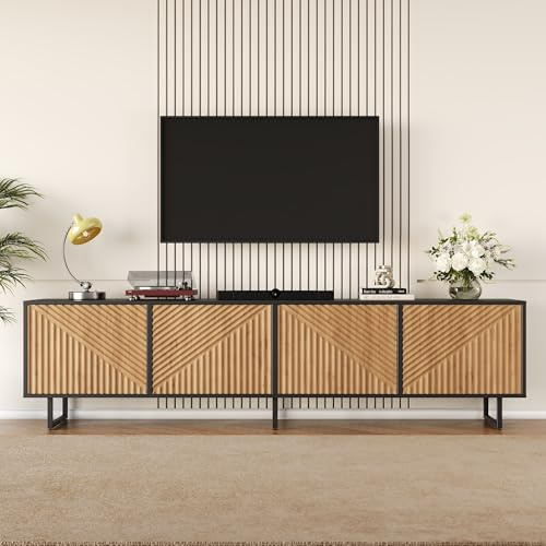 Merax Meuble TV avec Rangement 180 cm, Meuble TV Bois avec 4 Portes et Espace de Stockage,Lowboard Salon Moderne Design Noir et Bois Naturel avec Pieds en Métal