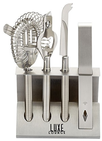 BarCraft Stainless Steel Cocktail Tool Kit with Stand and Printed Recipes (5-Piece Gift Set)