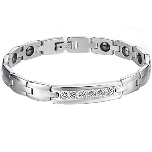 JewelryWe Magnetarmband Herren Magnetische Armband: Edelstahl Magnet Armbänder mit Zirkonia Schwarz Magnetsteine Handgelenk Armkette Gliederarmband Partnerarmband Armreif Geschenk für Männer Silber