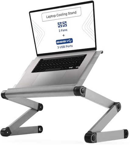 WorkEZ Executive Laptop Cooling Stand Adjustable Laptop Desk for Bed foldable laptop stand with FAN USB Ports computer lap desk for laptop holder for bed laptop table ergonomic laptop stand for bed