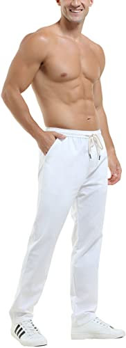 Hoerev Men Casual Beach Trousers Cotton Linen Trousers Pants,White,X-Large