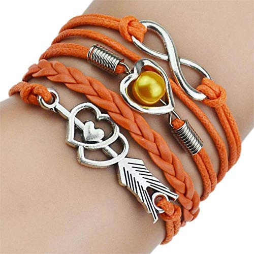 Damen Lederarmband,Vintage Leder Geflochten Armreifen Multilayer Handgewebte Perle Herz Pfeil Orange Charme Bracelets Persönlichkeit Männer Jungen Frauen