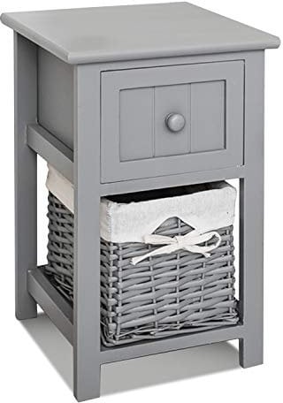 FiNeWaY Fully Assembled White Shabby Chic Bedside Cabinet Unit Table W Wicker Basket Storage Bathroom Bedroom (Grey)