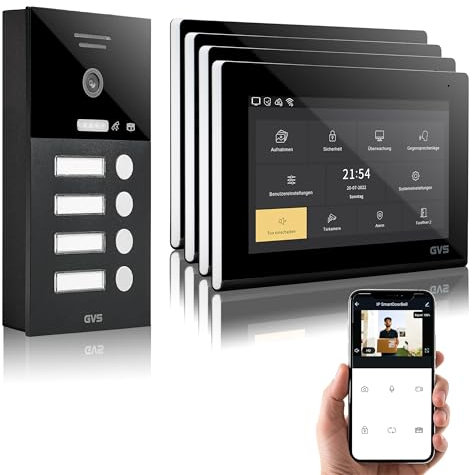 GVS - IP Video Türsprechanlage 4 Familienhaus mit Türöffner, HD Kamera, 4X 7 Zoll Monitor & App - Smarte Video Türklingel mit Kamera & Gegensprechanlage (AVS1292A)