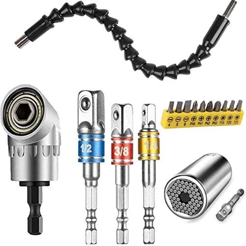Flexible Bohrerverlängerung und Universal Steckschlüssel Werkzeug Set, 105° rechtwinkliger Bohraufsatz 1/4 3/8 1/2 Zoll Universal Stecknuss Adapter Set, Schraubendreher Bit Kit