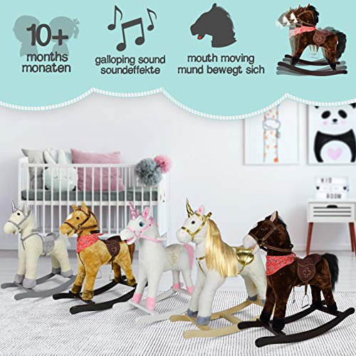 Infantastic® Schaukelpferd - ab 1 Jahr, mit Soundeffekten, Kuschelweich, Holz, Plüsch, für Kinder, Designwahl - Schaukeltier, Schaukelspielzeug (Silbernes Einhorn)