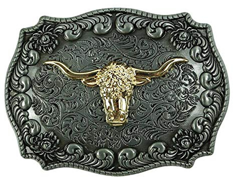 Longhorn Bull Western Belt Buckle, Zinc Alloy, Tin Color, 3.3 x 2.5 Inch, 2.63 Oz