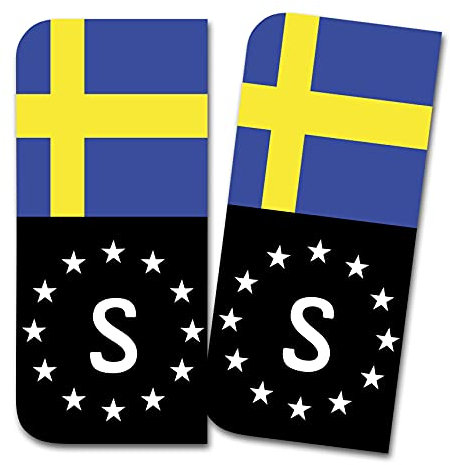 2 x Kennzeichen Sticker passgenau für EU Feld 11x5cm Design Aufkleber für Nummernschild Folie KFZ Schwarz oder mit Fahne waschstraßenfest R167 (21 Schweden, Mit Flagge)
