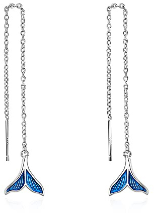 Meerjungfrau Schwanz Einfädler Ohrringe für Frauen Sterling Silber durch lange Ketten blau Meerjungfrau Dangle Drop Ohrringe Schmuck Geschenke für Frauen Teens
