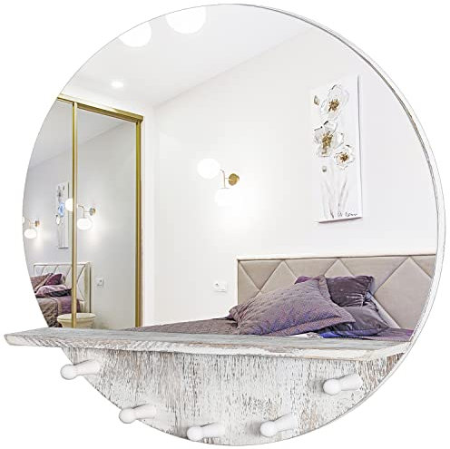 JJUUYOU Retro White Wooden Shelf Wall Mirror Display Unit Round Mirrored Wall Wooden Shelf and Hooks Indoor Living Large Make up Mirrors Bathroom Bedroom Hallway
