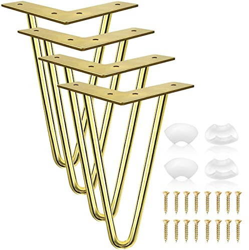 6 inch Gold Hairpin Furniture Legs, Heavy Duty Coffee Table Legs Furniture Feet with Rubber Floor Protectors, Mid Century Modern Legs Home DIY Projects for Sofa Couch Nightstand Bench Cabinet Cupboard