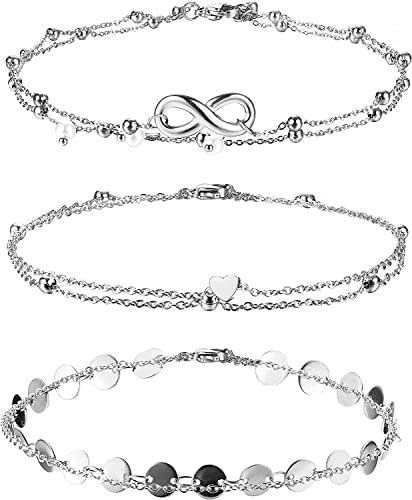 Finrezio 3PCS Bracelets Cheville Or Acier Inoxydable pour Femmes Chaine Cheville 14K Plaqué OrInfinity Coeur Lien Cheville Chaînes Bracelet Réglable Couches Cheville Ensemble Pied Plage Bijoux