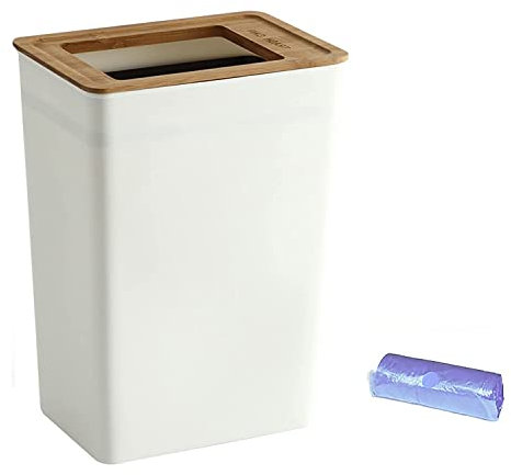 Zhongren Kitchen Bin Bathroom Bins with Wooden Lid Recycling Slim Rectangular Waste Paper Wastebasket Dustbin Home Bedroom Office Trash Can Garbage Plastic Small-9L