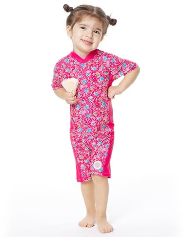 Mazuliso Costume da Bagno Intero Baby Bambina UV Maniche Corte con Cerniera e Cappello(Rosa,92-98 CM)