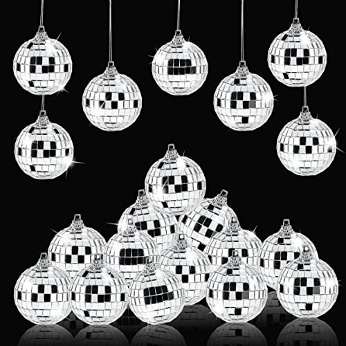 Unfuntly 24 Stück Spiegelkugel Discokugel, 5cm Silber - Party Dekoration mit Seil, Mini Weihnachtskugel Ornamente für Hochzeit, Geburtstag, Party