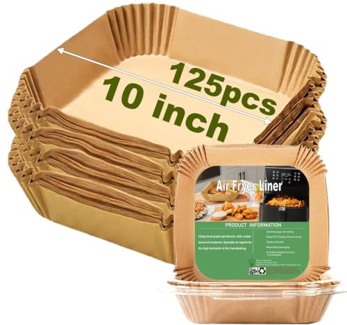 10 Inch Largest Square Air Fryer Liners Disposable for 8-10QT Air Fryer | XXL125Pcs Air Fryer Parchment Paper Liners, Non-stick, Food Grade Baking Paper for Frying, Roasting and Microwave