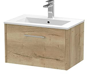 Hudson Reed JNU1822B Juno Modern Bathroom Wall Hung Single Drawer Vanity with Minimalist Ceramic Basin, 600mm, Woodgrain Autumn Oak