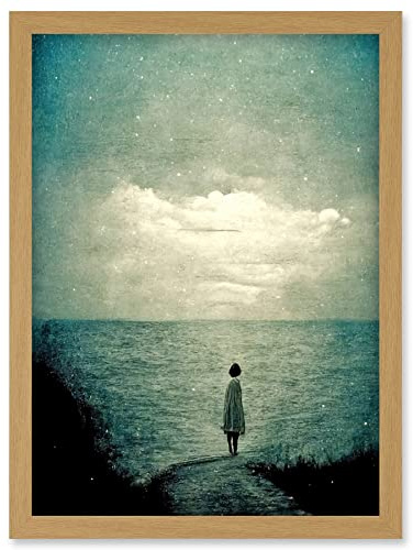 Doppelganger33 LTD Looking Out To Sea Dreamscape Lone Woman Dusk Calm Elegant Panting Artwork Framed Wall Art Print A4