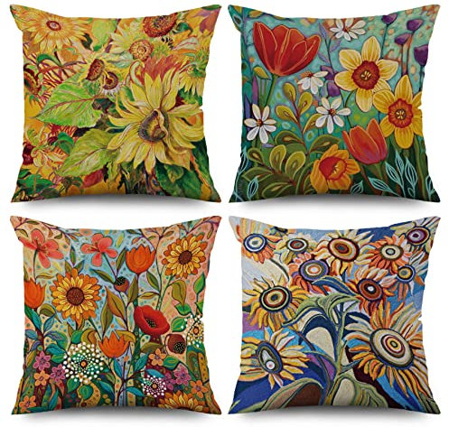 ASDCXZ Blume Kissenbezug 40x40 cm 4er Set, Retro Ölgemälde Blume Meer Muster Sofa Dekokissen Kissenbezüge Kissenhülle Waschbar Polyester Flachs Textil Outdoor Polster Kopfkissenbezug Kissen Bezug