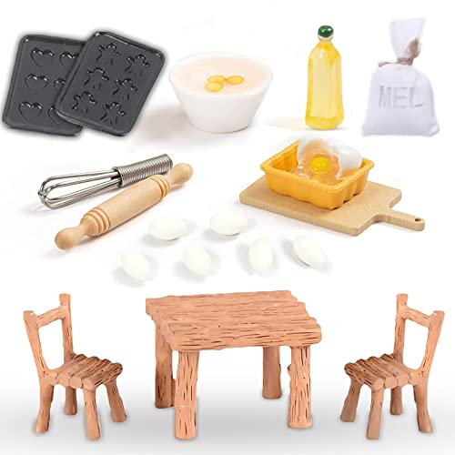 Miniatur Wichtel Zubehör 19 Stück Puppenhaus Mini Küche Backen Set Wichtelhaus Tisch und Stühle Eier, Nudelholz, Mehlbeutel Weihnachten