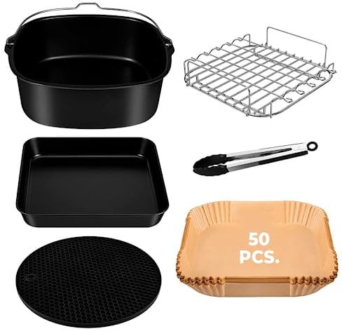 Kit de 6 Accesorios para Freidora sin Aceite COSORI 5,5L - 50 pcs de Papel para Airfryer - Incluye todos los Utensilios necesarios como Pinzas, Molde De Silicona para freidora y Bandeja Llana y Honda