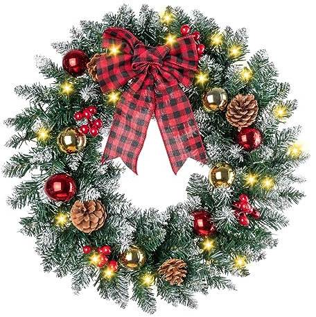 Weihnachtskranz, beleuchteter Weihnachtskranz für Haustür, Crestwood Fichte, verziert mit Tannenzapfen, Beeren-Cluster, mattierte Zweige, Weihnachtskollektion