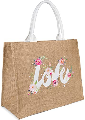 styleBREAKER Damen Leinen Henkeltasche mit LOVE Statement Print, Baumwoll-Tragegriffen, Strandtasche, Einkaufstasche 02012392, Farbe:Braun