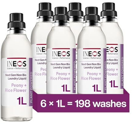 INEOS Next-Gen Non Bio Laundry Washing Liquid Detergent, 198 Washes (6 x 1L), High Performance Stain Remover For Clothes, Plant Powered, For Sensitive Skin, Peony + Rice Milk, Packaging May Vary