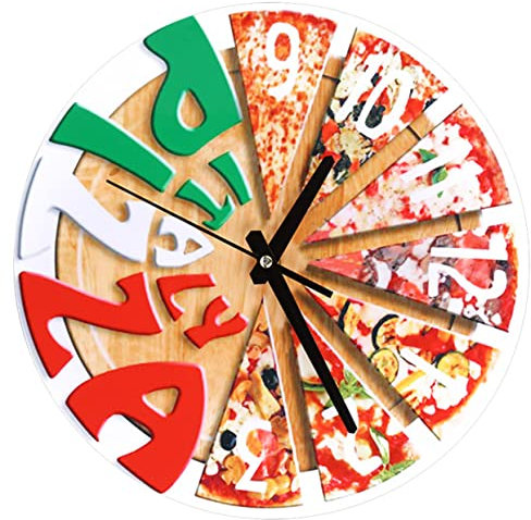 HOMSFOU Pizza-Wanduhr Lautlose Wanduhr Italienisches Büro-Dekoruhren Bauernhaus-Wanduhr Runde Holz-Wanduhr Esszimmer-Wanduhr Pizza-Muster-Uhr Große Wanduhr