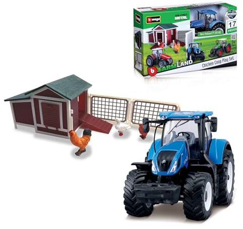 Bburago FARMLAND Fendt 1050 Vario Traktor, grün, 10cm inkl. Hühnerstall & 3 Hühner - Bauernhof Modelltraktor Spielzeugtraktor mit Schwungrad-Antrieb, Spielzeugtraktor für Kinder ab 3+ (18-31681)