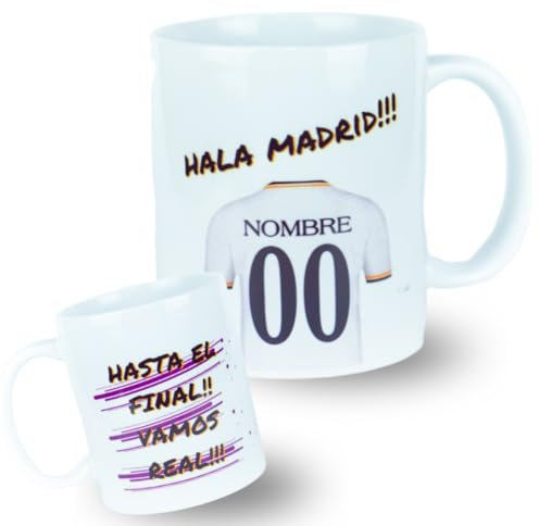 Taza personalizada del Madrid - Regalos originales - Regalos futbol - Camiseta equipos de futbol - Personaliza tu taza con tu nombre y tu numero - Regalos niños R Madrid