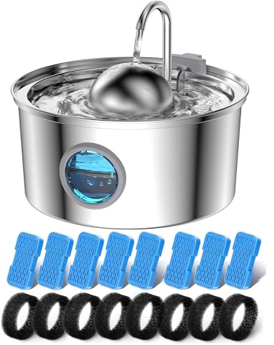 AONBOY Fuente de agua para gatos con 16 filtros, 3,2 L, acero inoxidable, incluye 8 filtros de carbono y 8 filtros de esponja, fuente de agua para perros en forma de grifo, diseño de reducción de