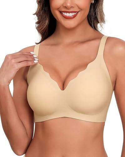 HORISUN Ohne Bügel BH für Damen, Nahtloser Bequemer V-Ausschnitt Vollständiger Bralette für Große Brüste mit Unterstützung Kein Bügel kabelloser Komfort Tshirt BHS (Hautfarben L)