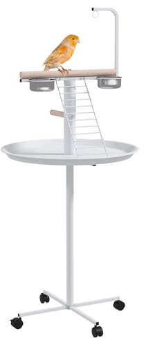 PawHut Spielplatz für Papageien mit Futterstation, Vogelfutterstation mit Rädern, Sitzstangen, Vogelfutterspender mit Leiter für Garten, Balkon, Stahl, Weiß