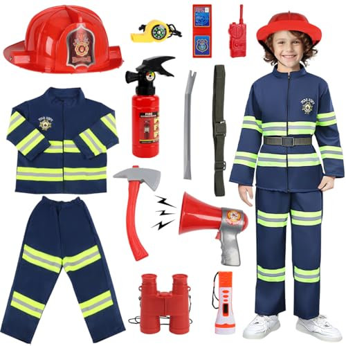 Costume de Pompier pour Enfants, 13pcs de Jeux de Rôle, Jouet 6-8 Ans pour Fêtes Costumées, Éducation Aux Exercices D'incendie, Noël et Jeu à La Maison (130 cm)