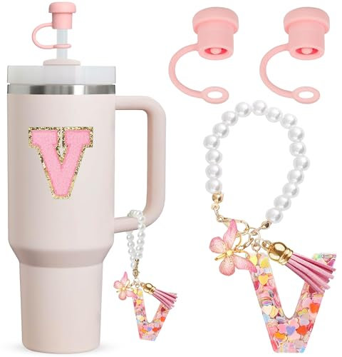 Letter Cup Accessories,4pcs Includs 2pcs Dustproof Straw Topper,1pc Charm Accessories for Cup and 1pc Personalized Name ID A-Z Pearl Hangings Letter Stickers (V)