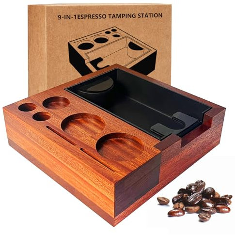 Tamperstation 51-58mm, Tamper Station mit Knock Box, Tamping Station Holz, Coffee Station Barista Zubehör Organizer, Siebträger Halter, Espresso Station für Siebträger Zubehör, Distributor, Puck Scree