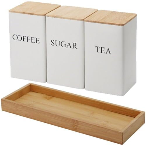 Tarros Metálicos para Almacenamiento De Azúcar, Té Y Café, Almacenamiento De Granos De Café con Tapa De Bambú, Lata De Té con Bandeja De Madera, Suministros De Cocina