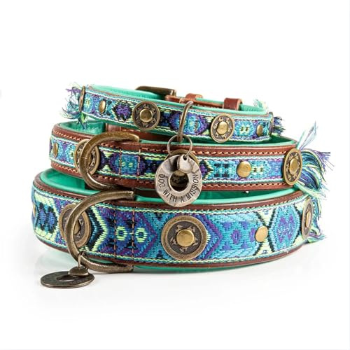 Dog with a Mission - Hundehalsband S | Farbenfroh in Blau und Türkis | Boho, Ethno, Ibiza, Hippie | Für mittelgroße Hunde | Handgemacht | Modisch und Bunt | Aus weichem Echtes Leder | 2,5 cm Breit