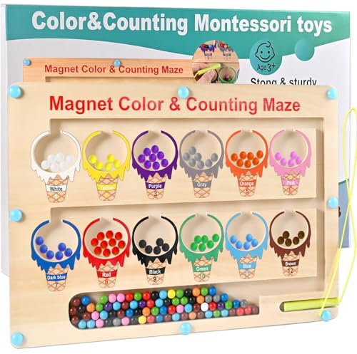 Wooderma Magnetspiel Labyrinth Holzspielzeug, Montessori Spielzeug ab 3 4 5 6 Jahre, Zahlen Farben Lernen Sortierspiel, Magnete Kinder Motorikspielzeug, Geburtstagsgeschenke für Jungen Mädchen