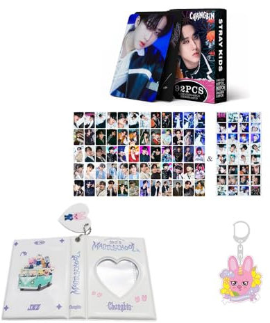 Stray-kids Merch Changbin Lot de 60 cartes photo personnelles 32 autocollants Dwaekki Album classeur livre porte-clés « Stay » (Changbin)