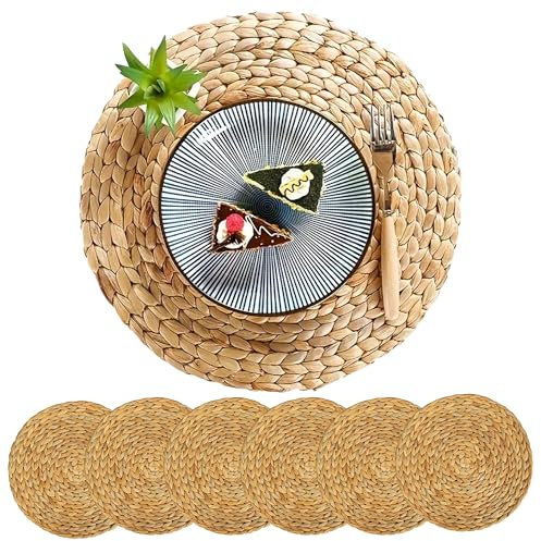 PECZEKO 6er Set Rund Seegras Platzset Abwaschbar Platzsets Tischsets Werden, Boho Platzteller, Ideal für Weihnacht Hochzeit Küche Party, Hitzebeständige 35cm Platzdeckchen Abwaschbar, Natur