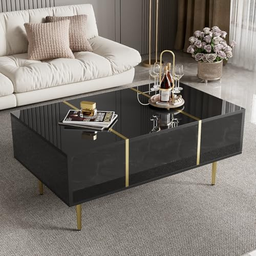 Merax Moderner Hochglanz Couchtisch in Schwarz mit Hochglanz und goldenen Elementen, 2 Schubladen, 100 x 60 x 41,5 cm, pflegeleicht und mit Schutzfolie