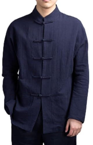 Veste d'uniforme chinois Tang pour homme - Manteau traditionnel de Kung Fu Tai Chi - Couleur unie - Manches longues - XL - Bleu marine