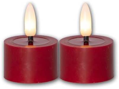Star Trading 060-02 LED-Echtwachs-Kerze Flamme Flow, 2er Set rot, Wachsspiegeloptik, je 4 x 5 cm, naturgetreue Flamme, inkl. Batterie, Timer, Vierfarb-Karton