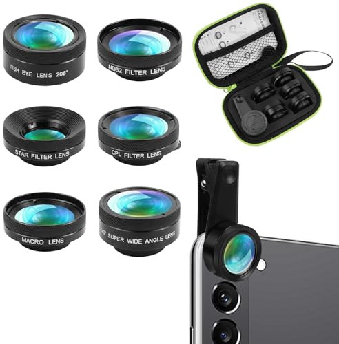 QGGTQG Kit obiettivo fish-eye 6 in 1, obiettivo grandangolare a 140°, obiettivo macro (25x), filtro a stella, ND32/CPL per iPhone, Samsung e la maggior parte degli smartphone