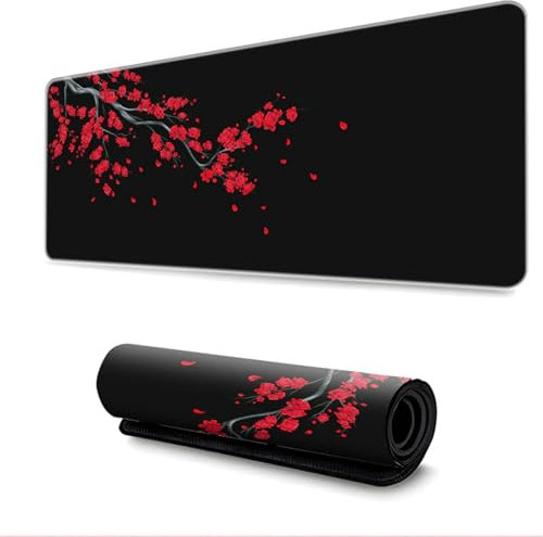 Hearda Tapis de Souris XXL/XL/L, Sakura Noir 3D Tapis de Souris Gamer, Tapis Souris avec Bords Cousus, Tapis de Souris en Base Antidérapante,Convient pour Gaming,Maison (Rouge,600x300x3mm)