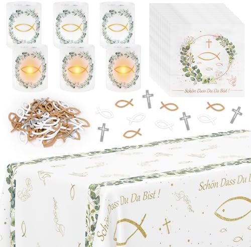 Yotako Kommunion Deko, 103 Stück Konfirmation Deko Junge Tischdeko Kommunion, 1 Tischdecke+20 Servietten + 66 Holz Fische+6 Lampenschirme, Erstkommunion deko für Servietten Taufdeko（weiß）