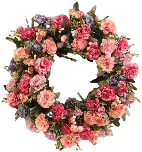 Türkranz 16,5-17,7 Zoll lebensechter Blumenkranz mit Seidenblumen und grünen Blättern, die künstliche Kranz für Home Wall Fensterdekoration hängen